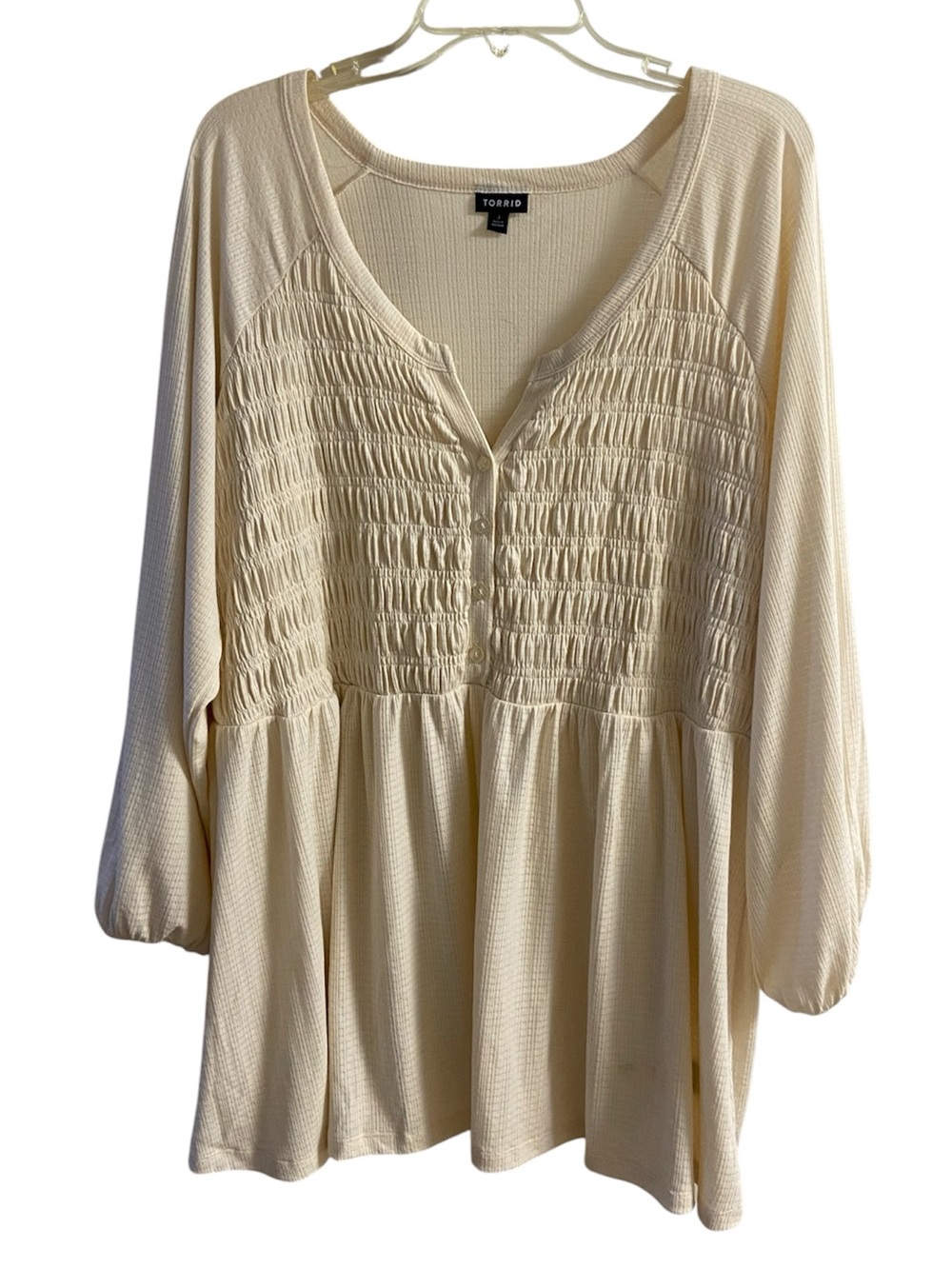 Torrid Ivory Smocked Henley Peplum Top Cream tunic 3X